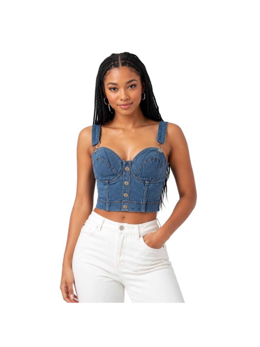 Denim Bustier Crop Top Corset Button Front Blue Jean Top Large